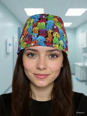 Handmade Multicolored Dog Print Scrub Cap/ Nurse Hat.